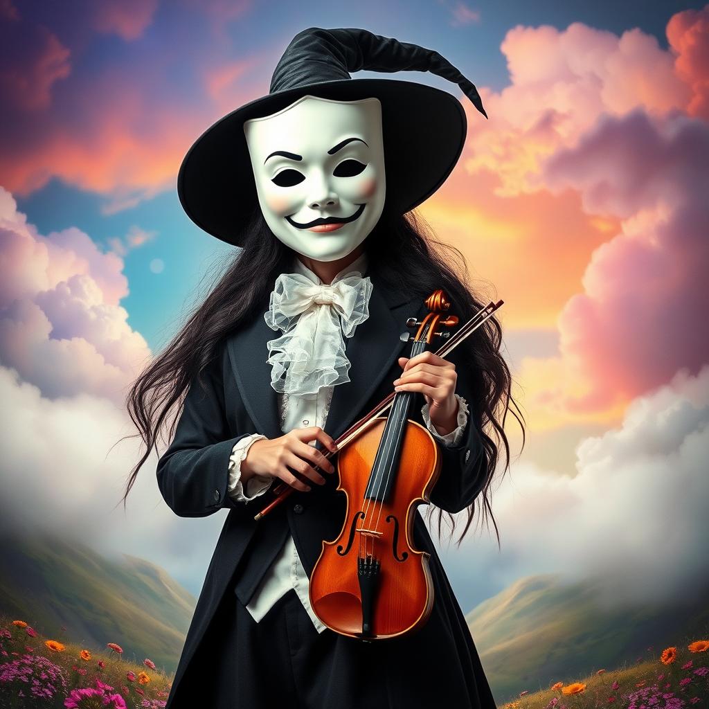 A tall, magnificent witch wearing a white simple mask reminiscent of theatre comedy, holding a small violin and dressed in a bard's suit