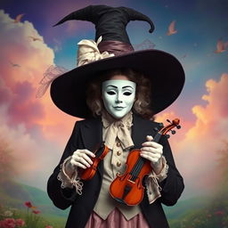 A tall, magnificent witch wearing a white simple mask reminiscent of theatre comedy, holding a small violin and dressed in a bard's suit