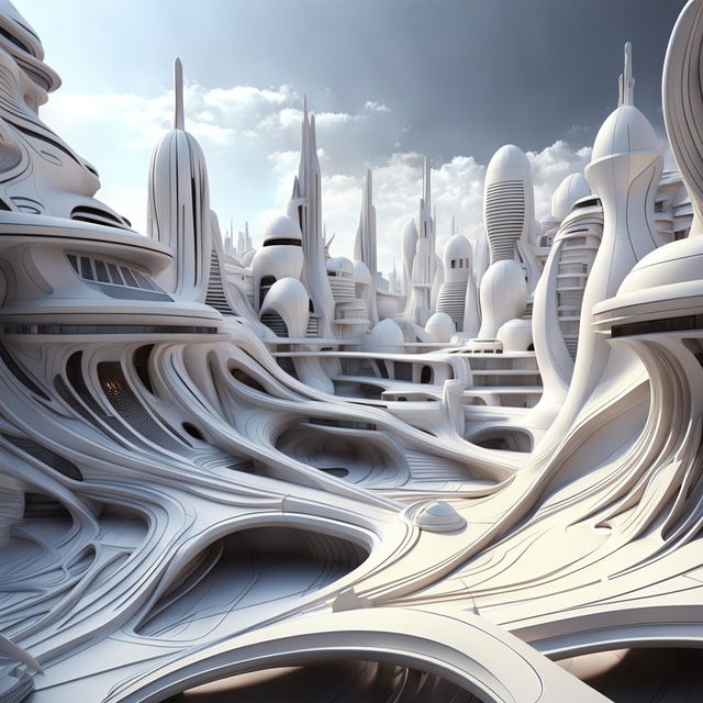 A high-quality 3D render in Cinema 4D of a futuristic city, designed by Zaha Hadid