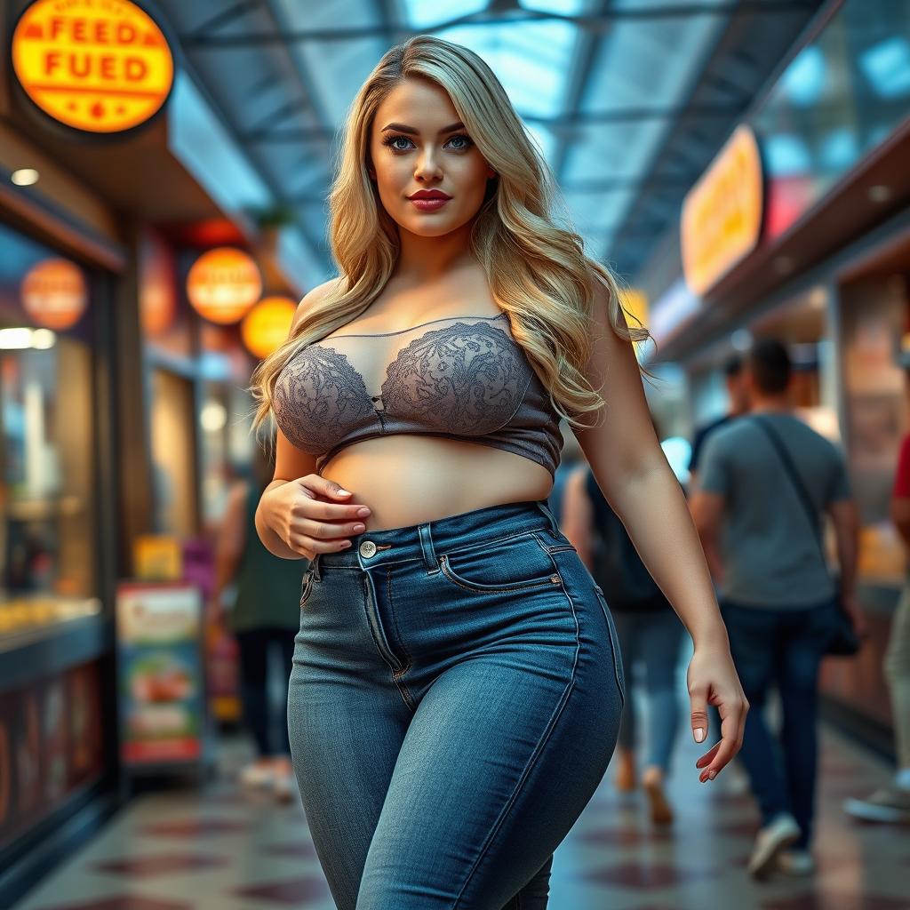 A beautiful, sexy long curvy narrow-waisted woman with a full tight belly featuring a deep navel and side rolls that slightly protrude over her ultra tight narrow-waisted skinny jeans