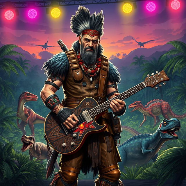 A striking illustration of a rockstar character inspired by Ark: Survival Evolved, featuring a rugged adventurer with a mix of modern and prehistoric aesthetics