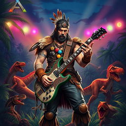 A striking illustration of a rockstar character inspired by Ark: Survival Evolved, featuring a rugged adventurer with a mix of modern and prehistoric aesthetics