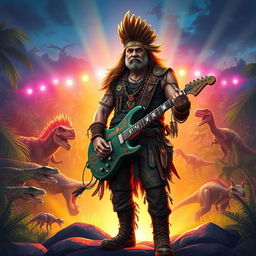 A striking illustration of a rockstar character inspired by Ark: Survival Evolved, featuring a rugged adventurer with a mix of modern and prehistoric aesthetics