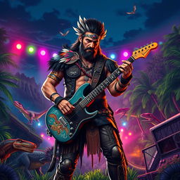 A striking illustration of a rockstar character inspired by Ark: Survival Evolved, featuring a rugged adventurer with a mix of modern and prehistoric aesthetics