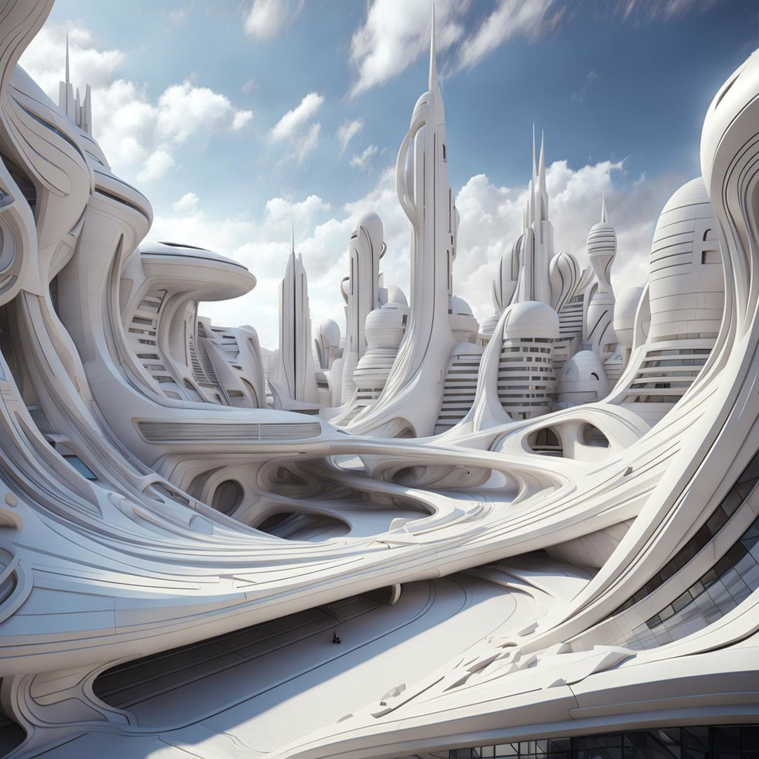 A top-quality 3D render in Cinema 4D of a futuristic cityscape designed by Zaha Hadid