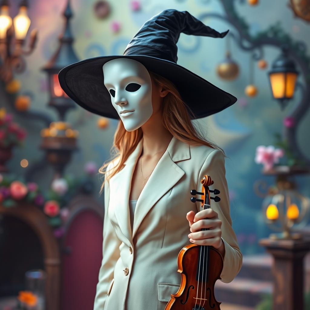 A tall, mesmerizing witch wearing a simple white mask indicative of the theatre of comedy, elegantly dressed in a light suit