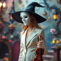A tall, mesmerizing witch wearing a simple white mask indicative of the theatre of comedy, elegantly dressed in a light suit