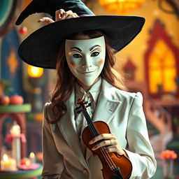 A tall, mesmerizing witch wearing a simple white mask indicative of the theatre of comedy, elegantly dressed in a light suit