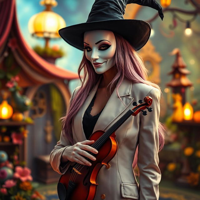 A tall, mesmerizing witch wearing a simple white mask indicative of the theatre of comedy, elegantly dressed in a light suit