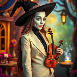 A tall, mesmerizing witch wearing a simple white mask indicative of the theatre of comedy, elegantly dressed in a light suit