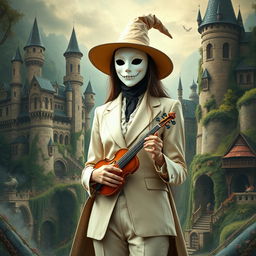 A tall, enchanting witch embodying a fantastic medieval style, wearing a simple white mask reminiscent of the theatre of comedy