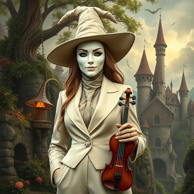 A tall, enchanting witch embodying a fantastic medieval style, wearing a simple white mask reminiscent of the theatre of comedy