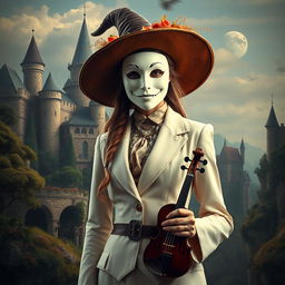 A tall, enchanting witch embodying a fantastic medieval style, wearing a simple white mask reminiscent of the theatre of comedy