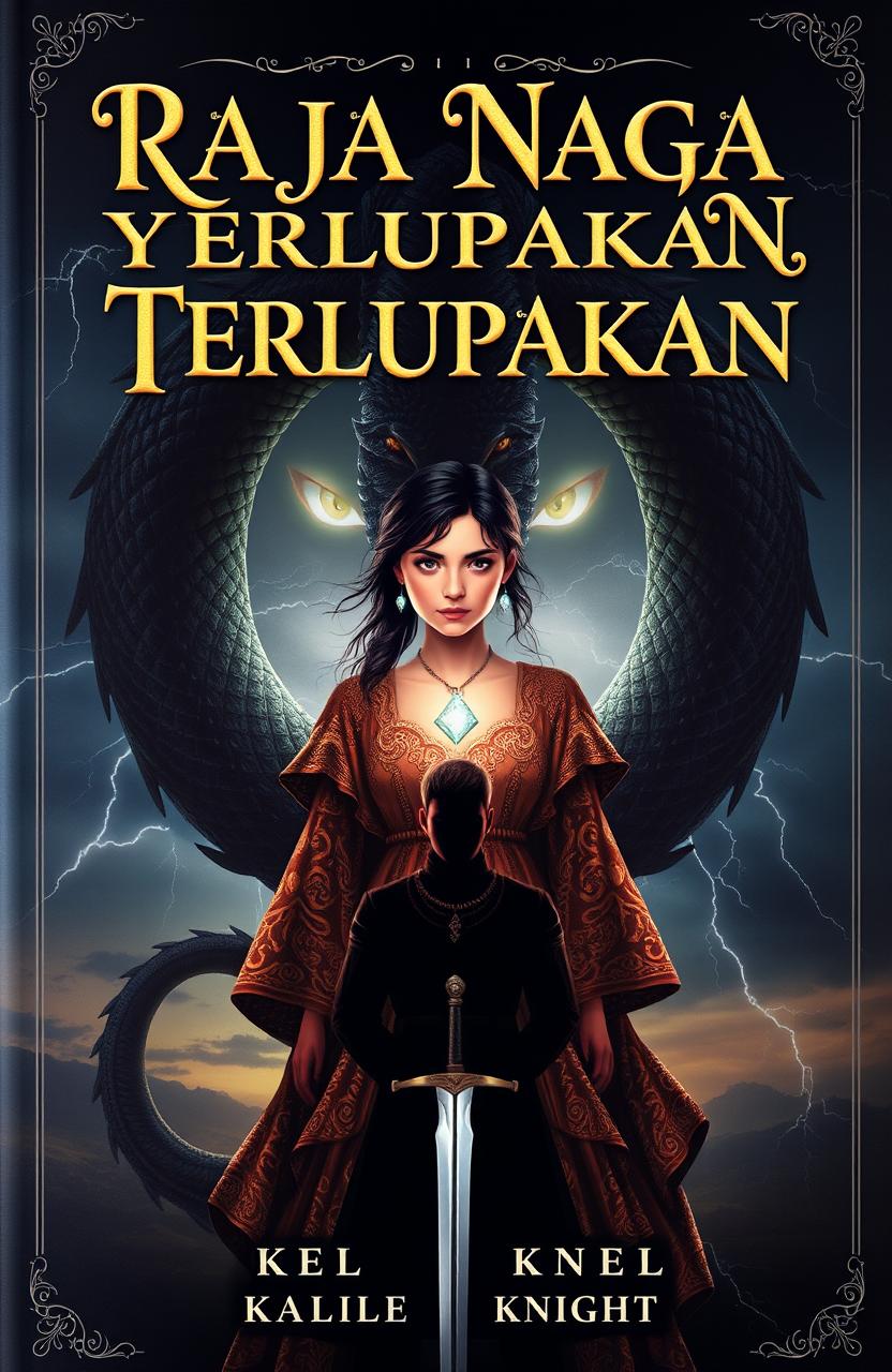A captivating book cover for "Raja Naga yang Terlupakan" featuring Alana, a girl with a strong aura, wearing an ancient shimmering gown adorned with a glowing dragon pendant around her neck