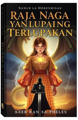 A captivating book cover for "Raja Naga yang Terlupakan" featuring Alana, a girl with a strong aura, wearing an ancient shimmering gown adorned with a glowing dragon pendant around her neck
