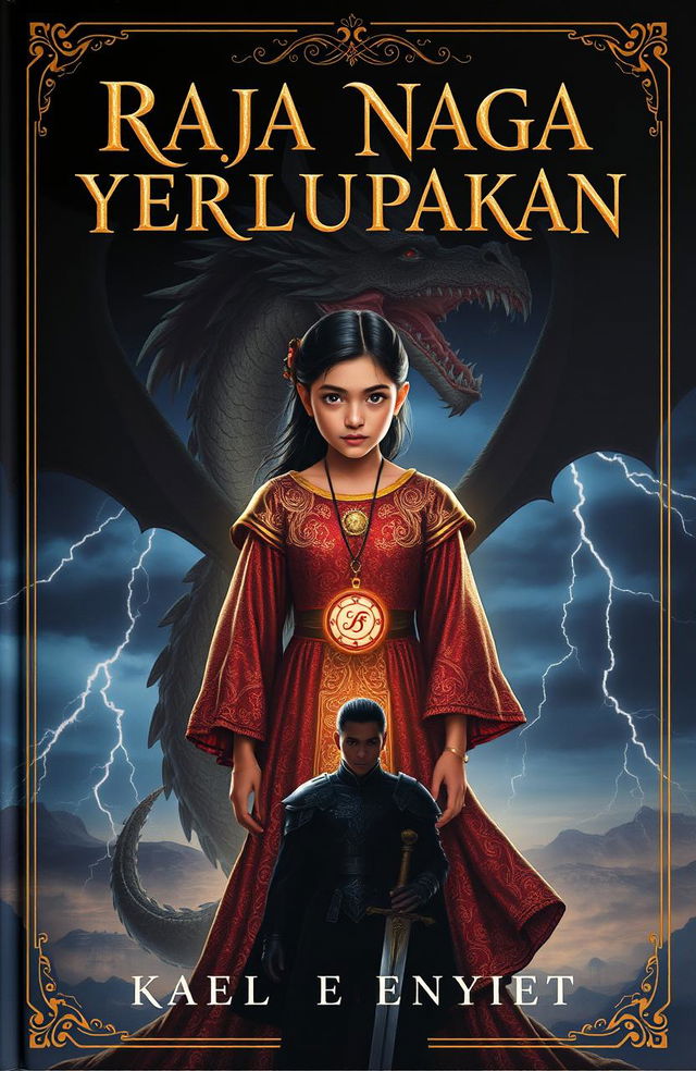 A captivating book cover for "Raja Naga yang Terlupakan" featuring Alana, a girl with a strong aura, wearing an ancient shimmering gown adorned with a glowing dragon pendant around her neck