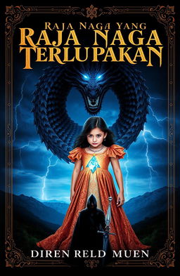 A captivating book cover for "Raja Naga yang Terlupakan" featuring Alana, a girl with a strong aura, wearing an ancient shimmering gown adorned with a glowing dragon pendant around her neck