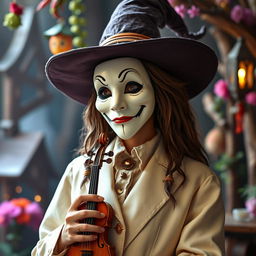A tall, whimsical witch in a fantastic medieval style, wearing a simple white mask inspired by cartoon theatre of comedy