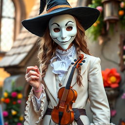 A tall, whimsical witch in a fantastic medieval style, wearing a simple white mask inspired by cartoon theatre of comedy