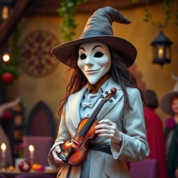A tall, whimsical witch in a fantastic medieval style, wearing a simple white mask inspired by cartoon theatre of comedy
