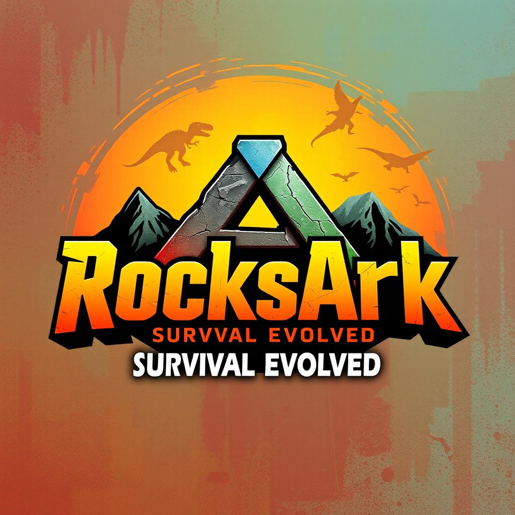 A logo that reads 'RocksArk' prominently in bold, dynamic font, set against a vibrant background inspired by the video game Ark: Survival Evolved