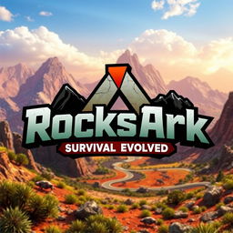 A logo that reads 'RocksArk' prominently in bold, dynamic font, set against a vibrant background inspired by the video game Ark: Survival Evolved