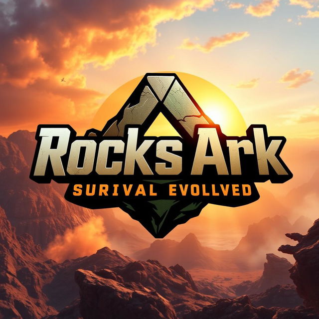 A logo that reads 'RocksArk' prominently in bold, dynamic font, set against a vibrant background inspired by the video game Ark: Survival Evolved