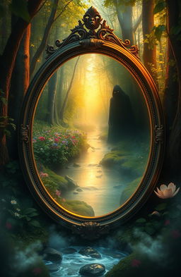 A mystical and enchanting scene depicting a mirror surrounded by a lush forest, with an ethereal glow emanating from within the mirror