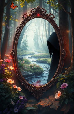 A mystical and enchanting scene depicting a mirror surrounded by a lush forest, with an ethereal glow emanating from within the mirror