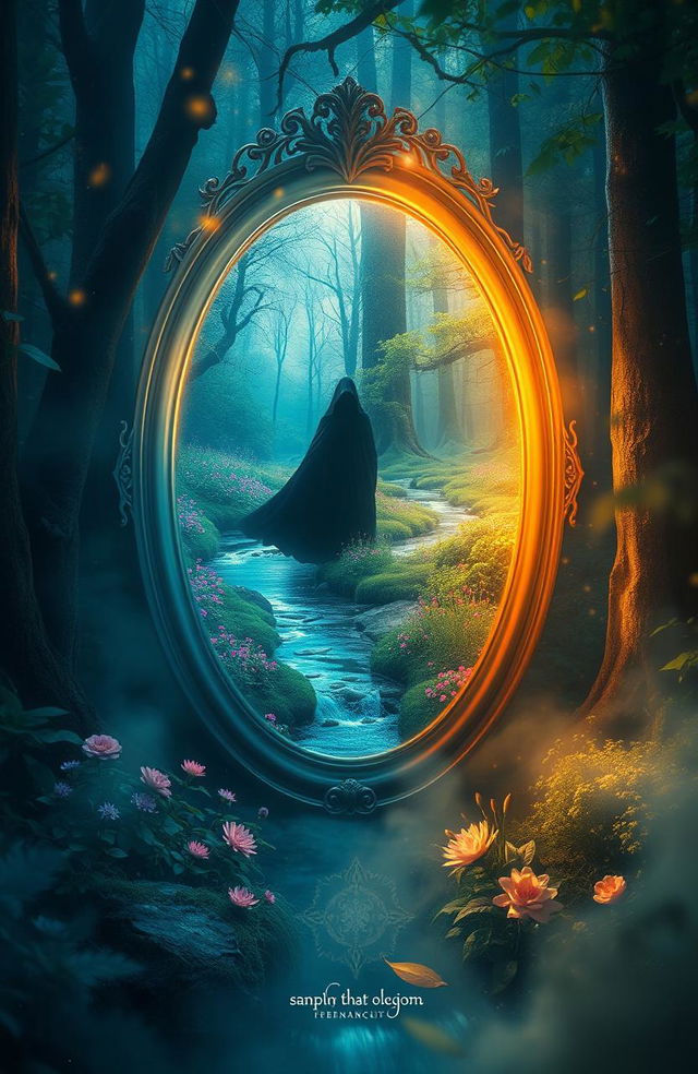 A mystical and enchanting scene depicting a mirror surrounded by a lush forest, with an ethereal glow emanating from within the mirror