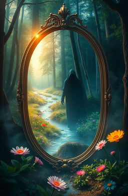 A mystical and enchanting scene depicting a mirror surrounded by a lush forest, with an ethereal glow emanating from within the mirror