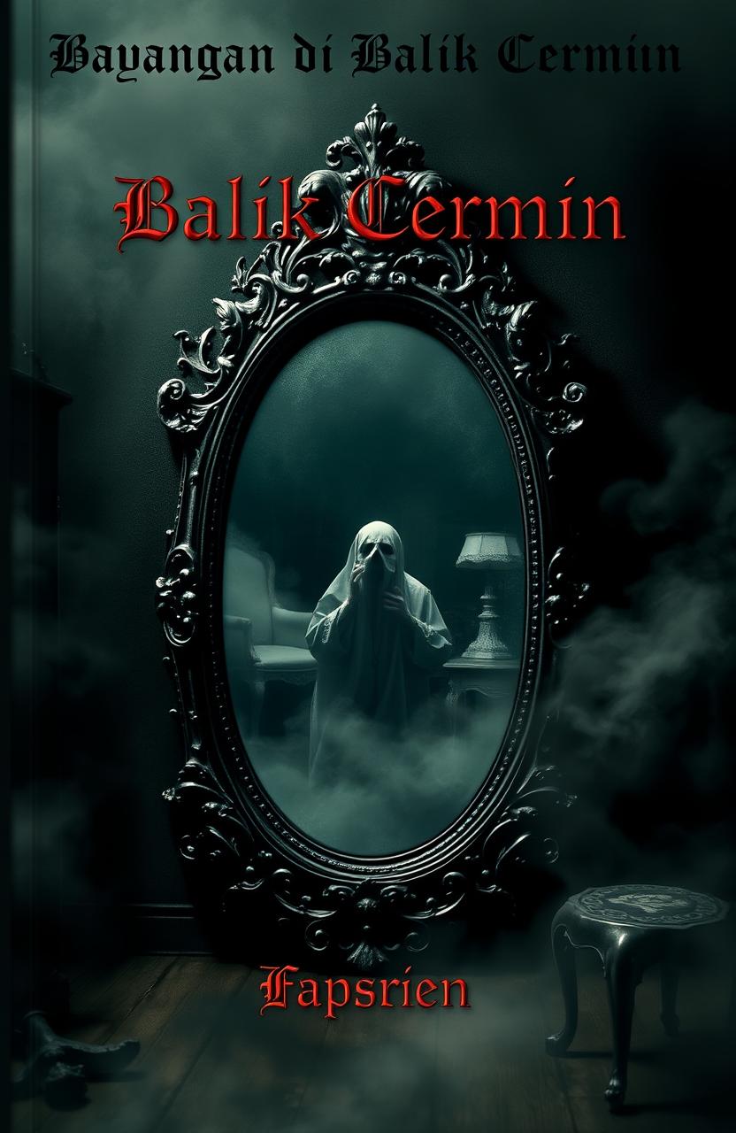 A mysterious and tense book cover featuring an antique mirror with dark, intricate carvings at its center, emanating a magical yet haunting aura