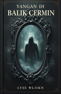 A mysterious and tense book cover featuring an antique mirror with dark, intricate carvings at its center, emanating a magical yet haunting aura