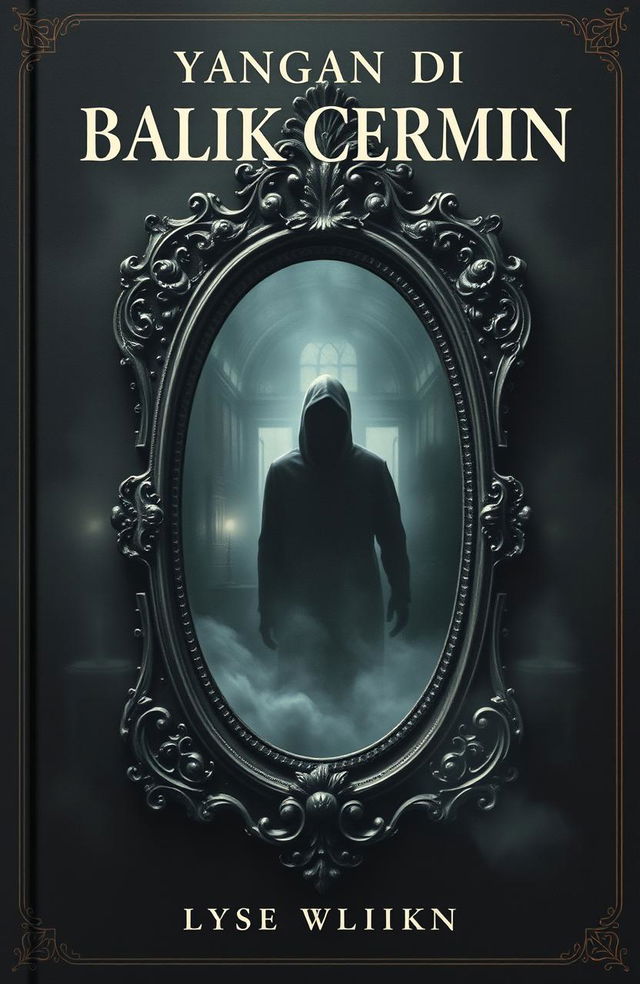 A mysterious and tense book cover featuring an antique mirror with dark, intricate carvings at its center, emanating a magical yet haunting aura