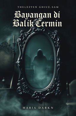 A mysterious and tense book cover featuring an antique mirror with dark, intricate carvings at its center, emanating a magical yet haunting aura