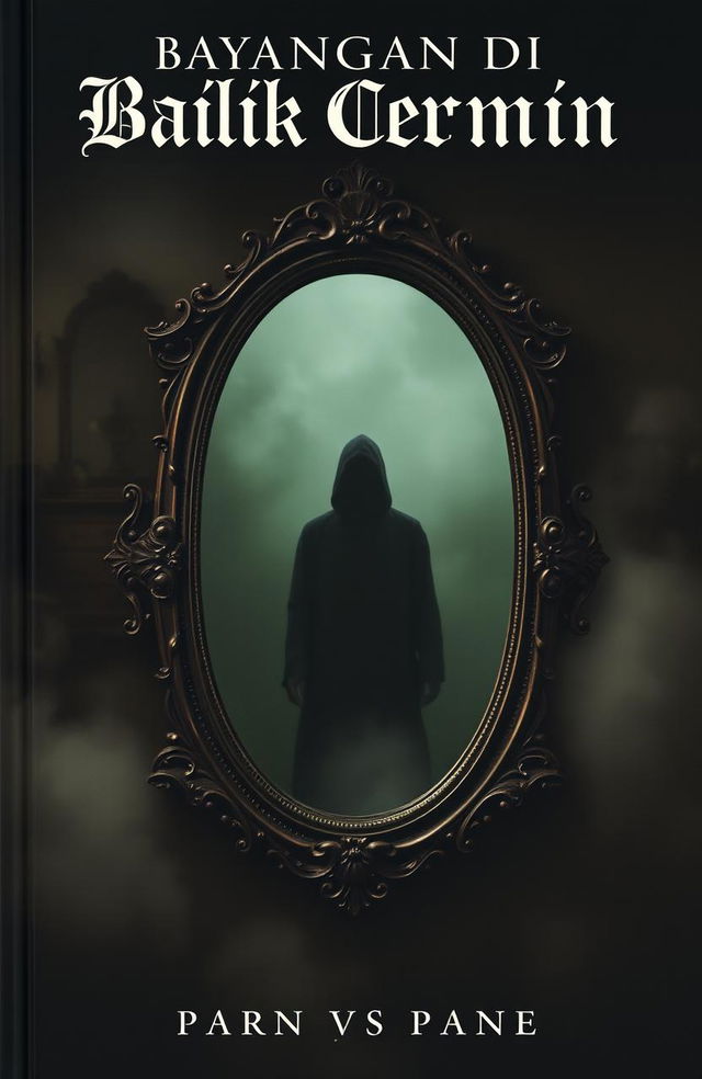 A mysterious and tense book cover featuring an antique mirror with dark, intricate carvings at its center, radiating an enchanting yet eerie magical aura