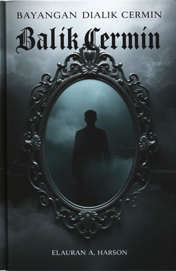 A mysterious and tense book cover featuring an antique mirror with dark, intricate carvings at its center, radiating an enchanting yet eerie magical aura
