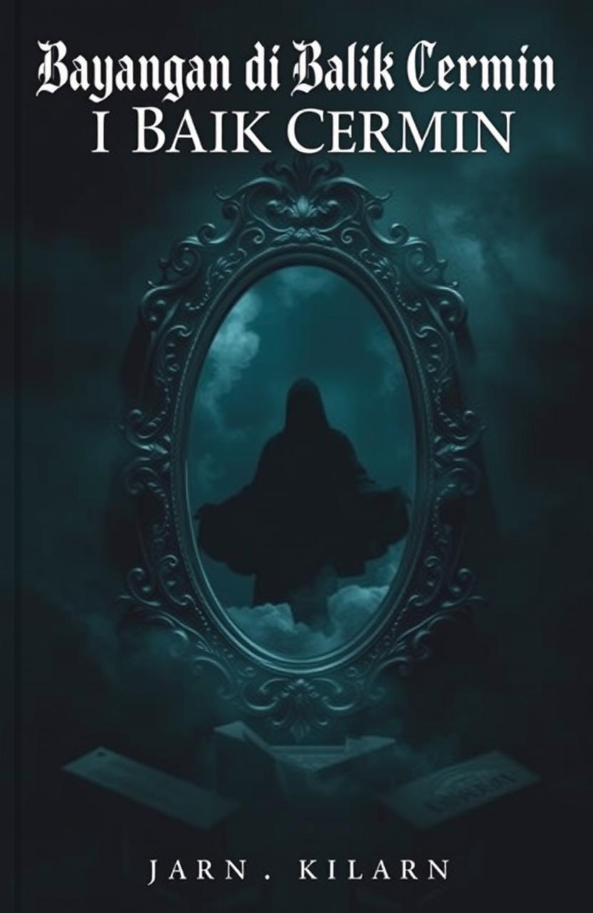 A mysterious and tense book cover featuring an antique mirror with dark, intricate carvings at its center, radiating an enchanting yet eerie magical aura