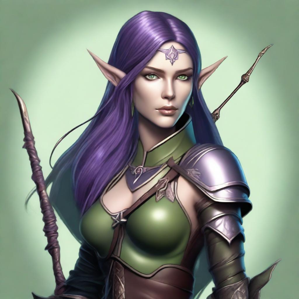 A high-quality digital art illustrates a female wood elf from a D&D universe