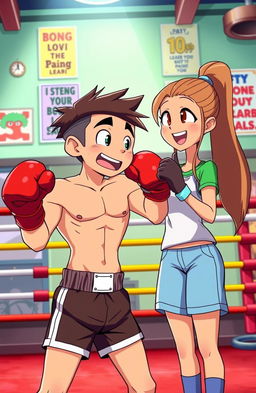 An animated scene featuring a girl and a boy, where the boy is a boxer