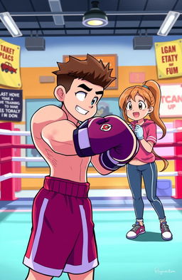 An animated scene featuring a girl and a boy, where the boy is a boxer