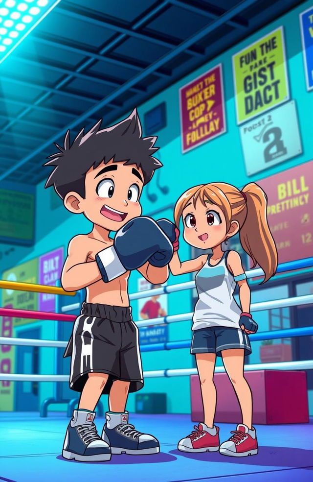 An animated scene featuring a girl and a boy, where the boy is a boxer