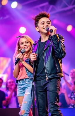 A vibrant scene featuring a girl and a boy, where the boy is a singer