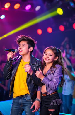 A vibrant scene featuring a girl and a boy, where the boy is a singer