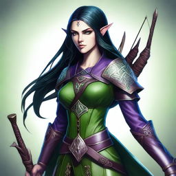 A digital art illustration of a female wood elf character from a D&D setting