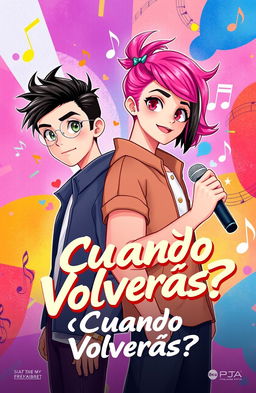 A vibrant 2D illustration for a music album cover titled '¿Cuándo Volverás?'