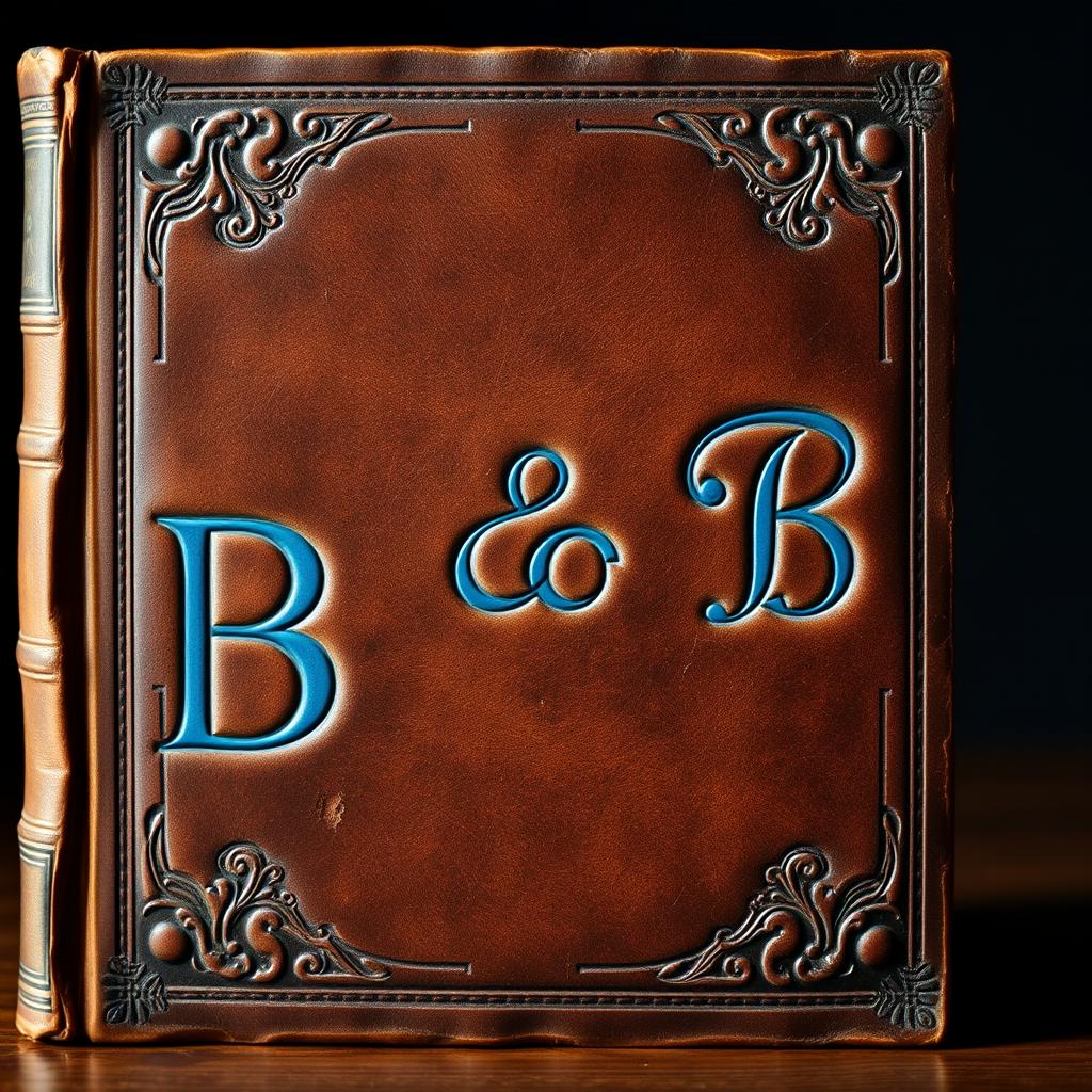 An old, leather-bound book cover, viewed straight-on, showcasing an intricate design with rich texture and deep colors