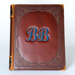 An old, leather-bound book cover, viewed straight-on, showcasing an intricate design with rich texture and deep colors
