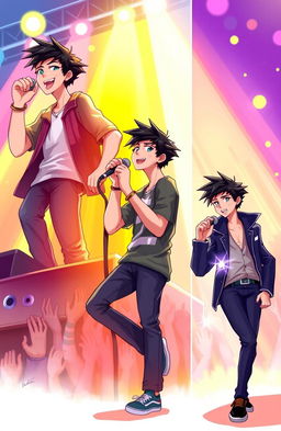 A dynamic 2D illustration of a young male singer with black hair, transitioning through various stages of his career