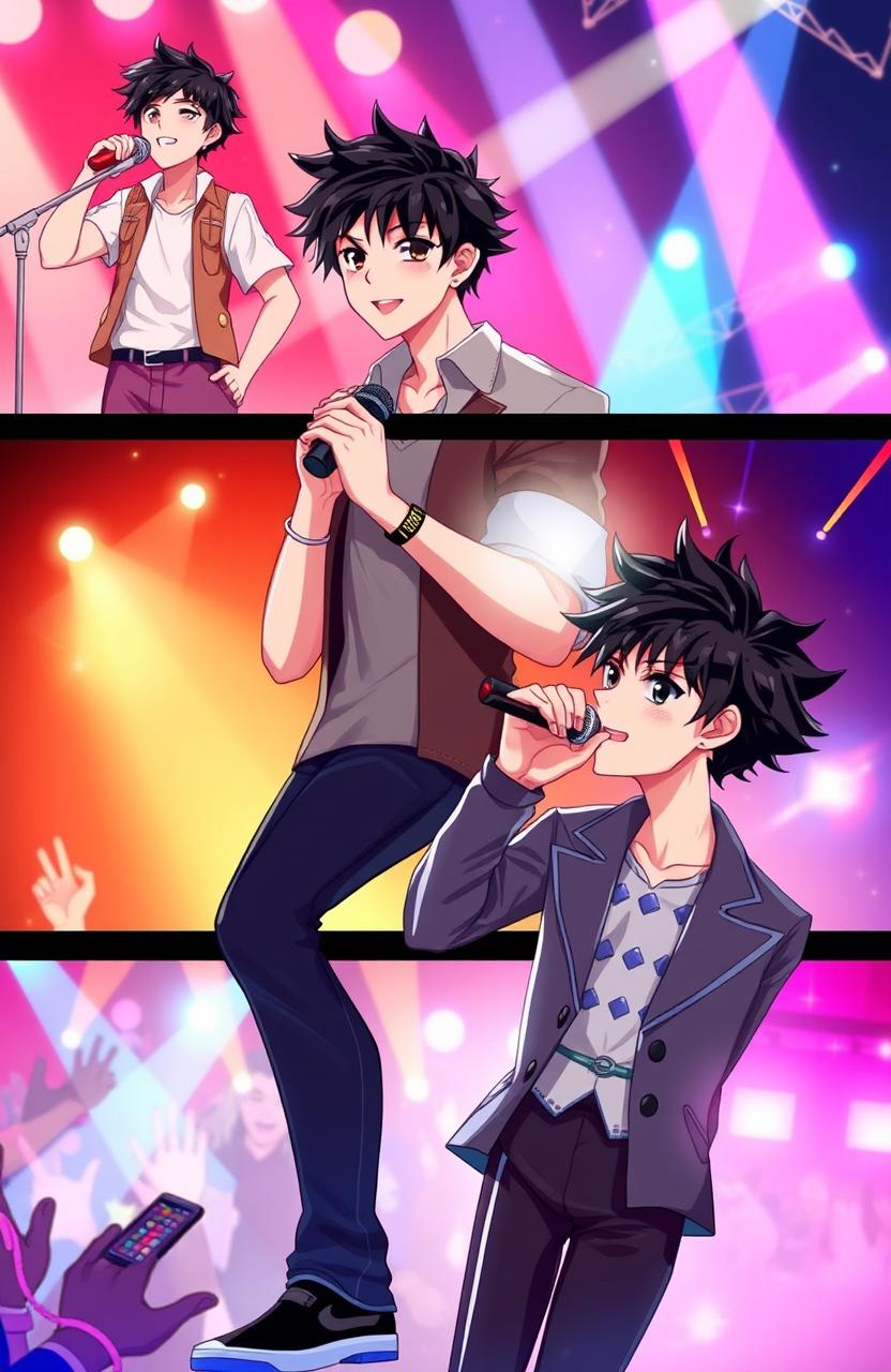 A dynamic 2D illustration of a young male singer with black hair, transitioning through various stages of his career